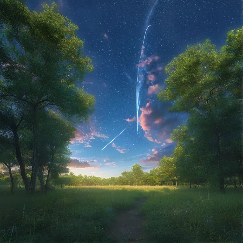 A winding dirt road cuts through a lush green meadow flanked by trees under a starry sky featuring a luminous blue streak.