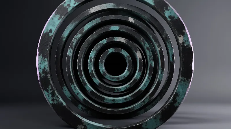 A top-down view of a weathered spiral object featuring concentric rings of dark metal with green oxidation marks.