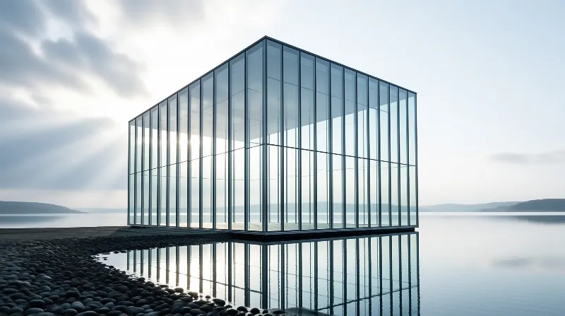 A transparent rectangular structure sits on a dark stone shore with clear water surrounding it under a cloudy sky.