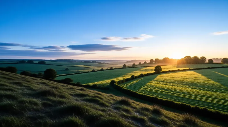 Low sun lights hedged farm fields across rolling hills at dawn, casting long warm shadows against cool blue sky.
