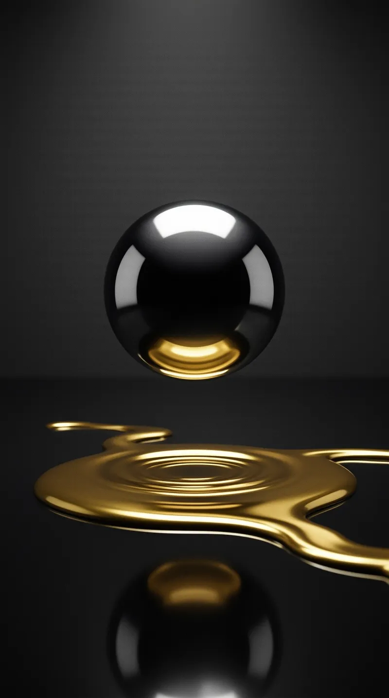 A smooth obsidian orb hovers above a rippling sheet of molten metal under dramatic lighting.