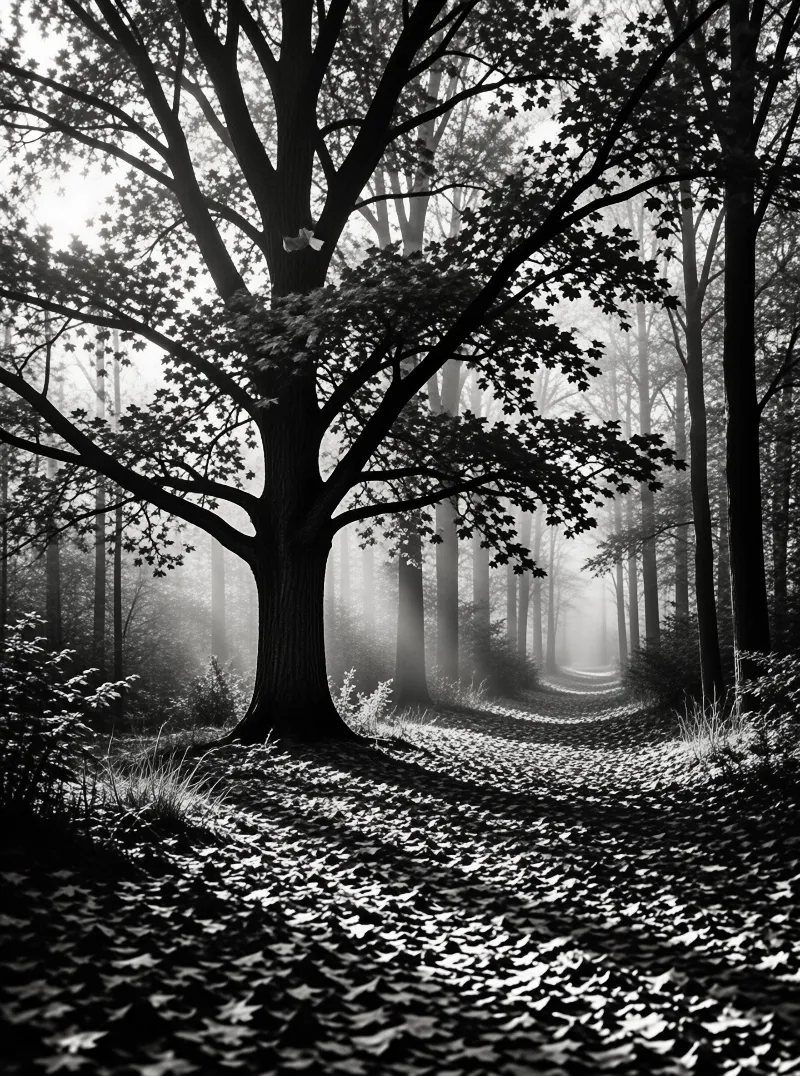 A black and white photo of a large maple at a curve in a sunlit foggy forest path with leaf litter covering the ground.