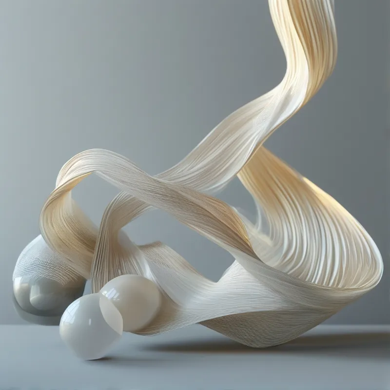 A layered ribbon sculpture curves above three smooth white spheres on a grey surface under soft studio lighting.