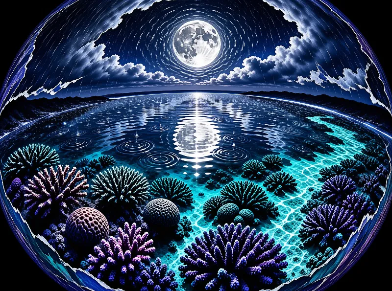 Vibrant blue and purple corals grow below rippling water that reflects a bright full moon surrounded by swirling stars.