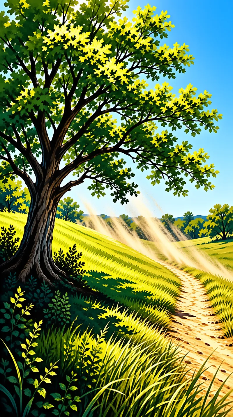 A large tree stands on the left while sunbeams shine across a winding dirt path leading through a bright green field.