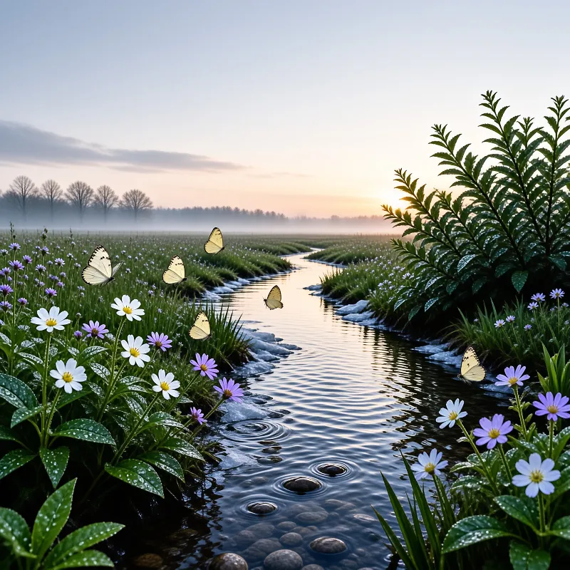 Pale yellow butterflies float above a winding creek surrounded by purple and white flowers under a soft golden sky.