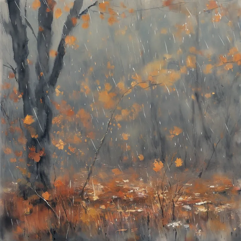Dark tree trunks and scattered orange leaves dissolve into grey mist as fine rain streaks down a wet autumn forest.