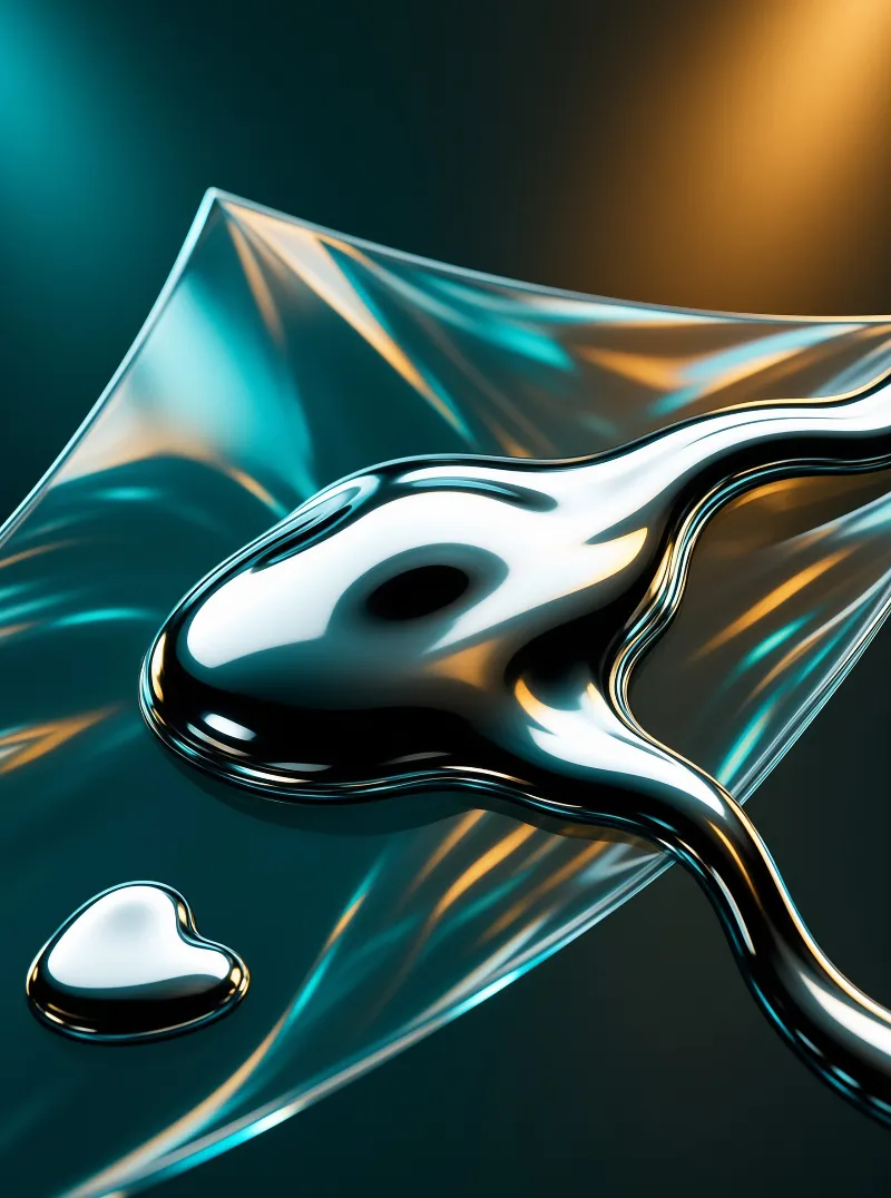 Glossy flowing liquid metal forms abstract shapes against a gradient of cool teal and warm amber tones