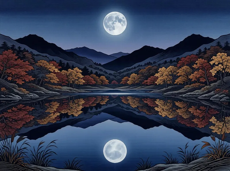 An autumn lake surrounded by trees and mountains is illuminated by a full moon, with its reflection mirrored in the calm water.