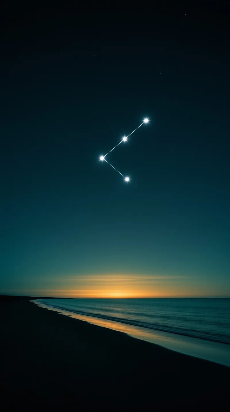 Four bright stars form a zigzag pattern in the dark blue sky above a curving shoreline where the ocean meets the sand.