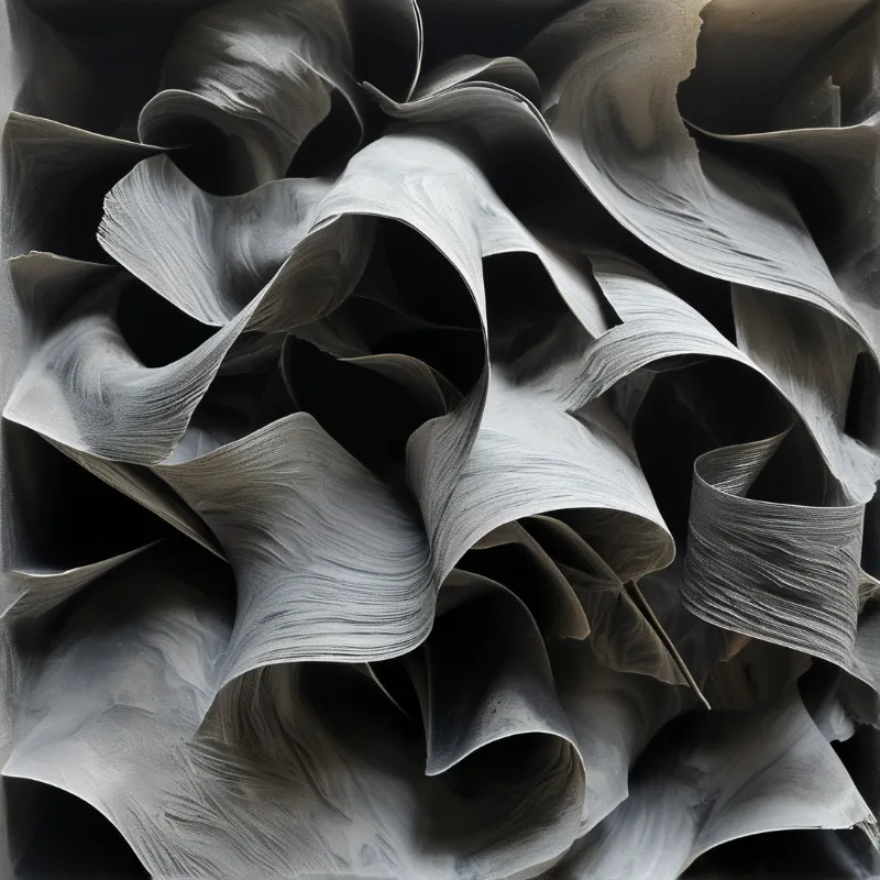 Overlapping organic shapes create a textured surface of varying gray tones with deep recesses and highlighted edges.