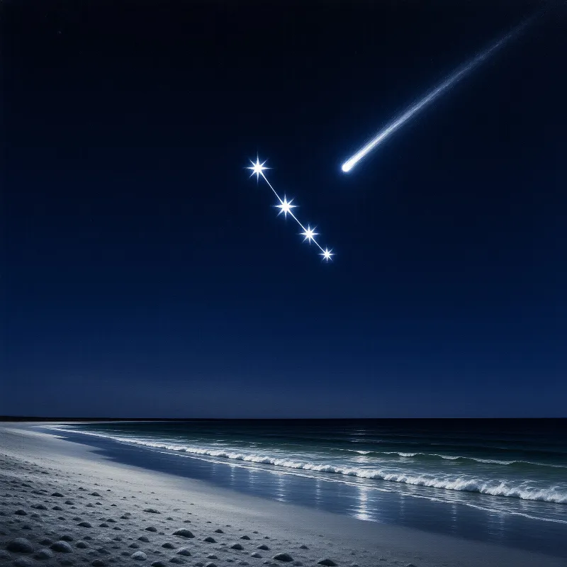 A bright meteor trails across deep blue night over gentle waves washing pale sand.