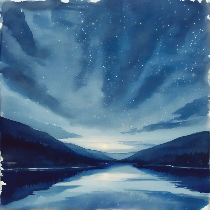 A calm body of water mirrors the night sky filled with stars between dark hills in blue tones.