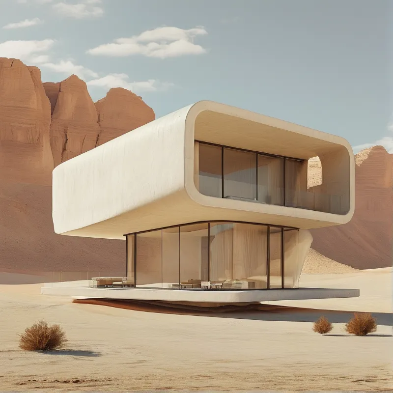 A sleek white curved building with large glass walls stands alone in a sandy desert landscape framed by red rock formations under a clear sky.