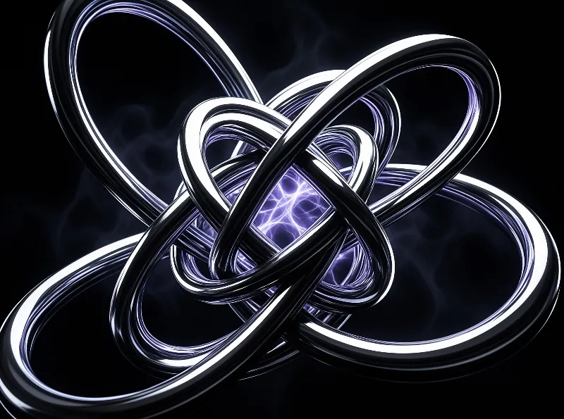 A shiny metallic knot intertwines against a dark background revealing a glowing purple plasma center.