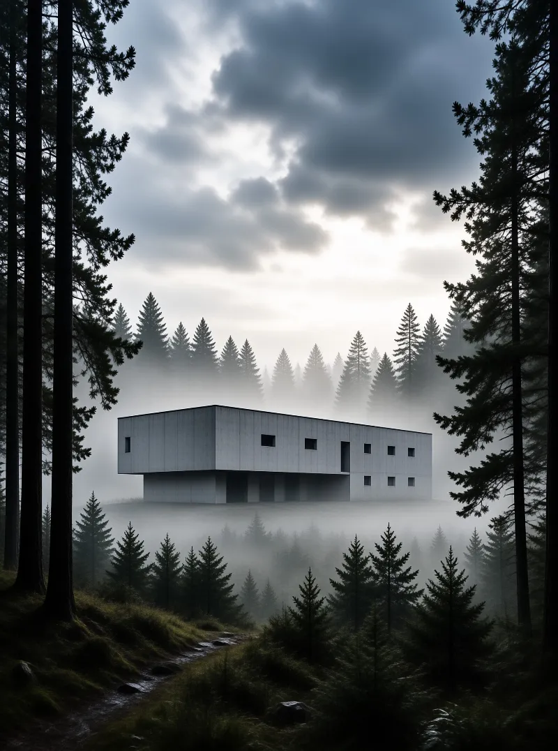 A large grey concrete building hovers above a foggy forest floor surrounded by tall dark pine trees under an overcast sky.