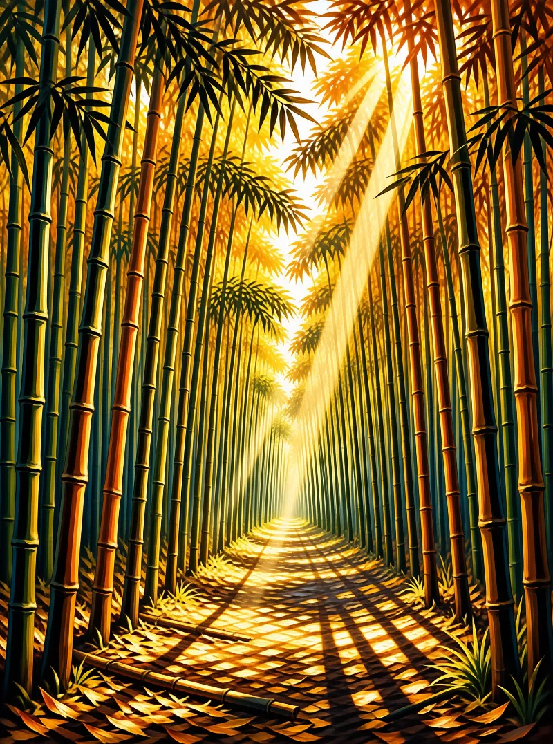 Dense bamboo stalks line a path while beams of warm yellow light shine through the canopy casting shadows below.