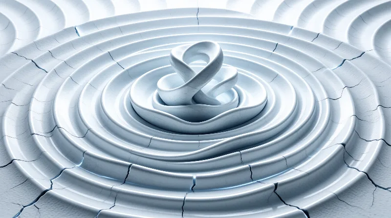 Concentric rings of pale glazed clay ripple outward from a twisted loop, their surface split by fine dark cracks.