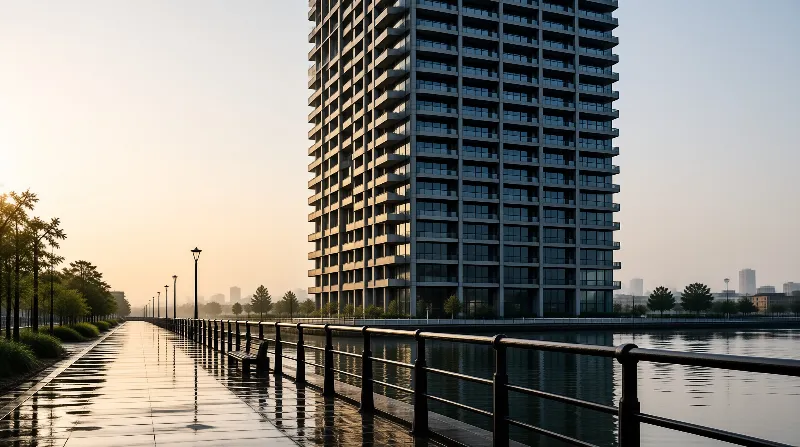 A tall building with a repetitive facade of windows and balconies overlooks a still riverbank where a damp stone walkway mirrors the soft golden light of sunrise