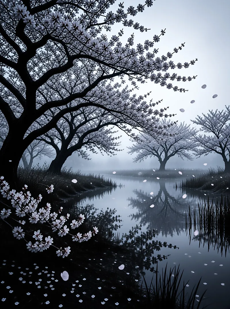 Dark silhouettes of flowering trees line a calm river where white petals drift on the surface under a foggy sky.