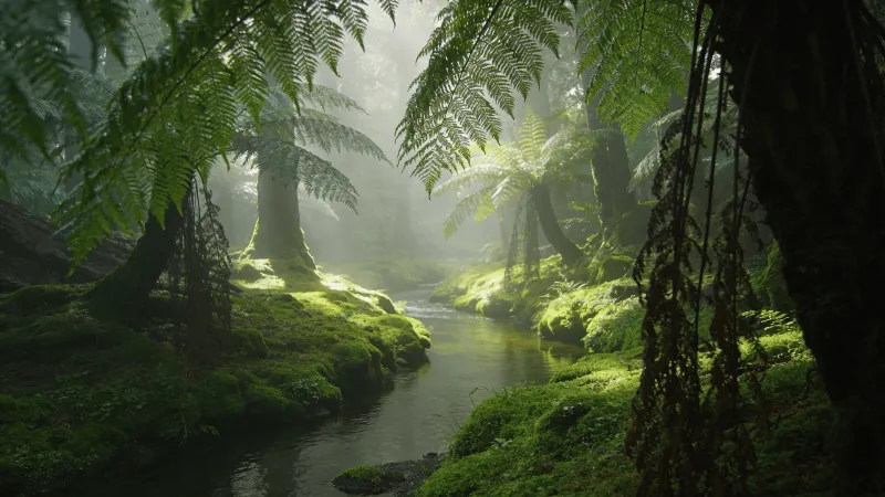 Tranquil Green Forest and Calm Stream