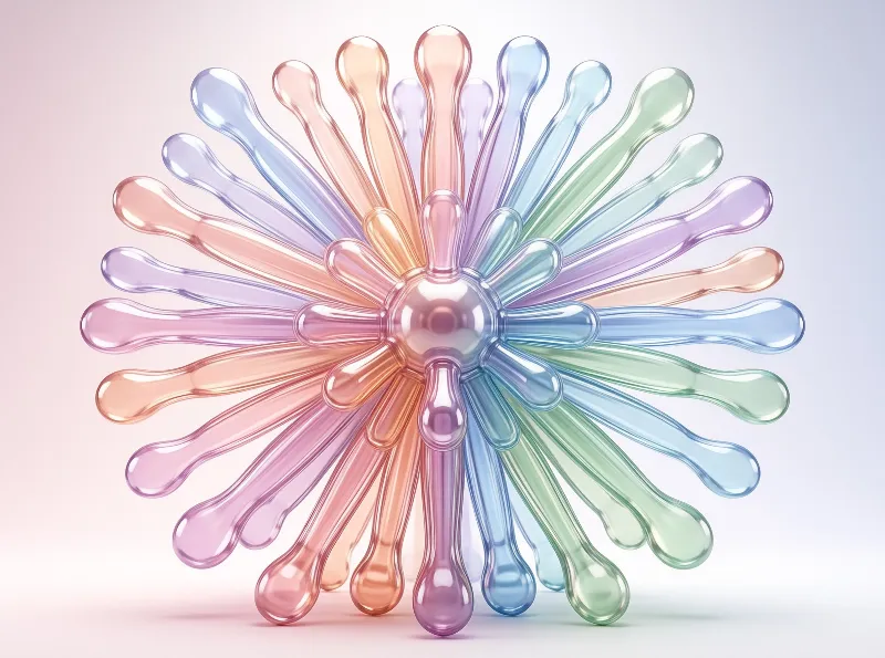 A radial cluster of translucent pastel droplets fans outward from a glossy center on white.