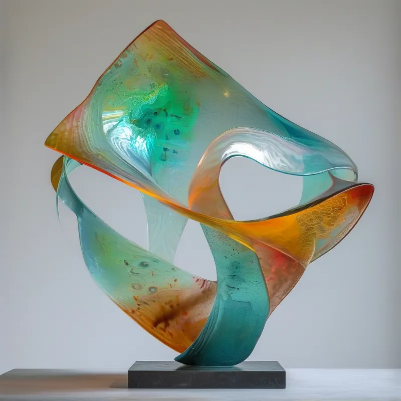 A translucent abstract form of swirling green and orange glass rises from a dark stone base.