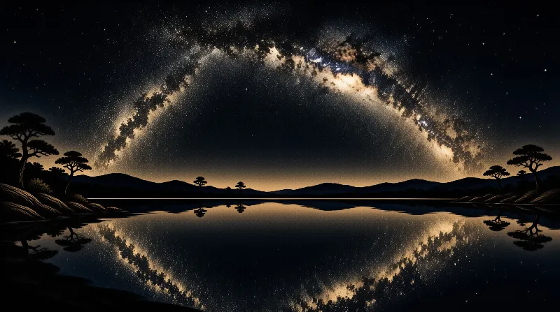 Stars form a bright arc across the dark sky reflecting in the still lake water beneath distant mountains.
