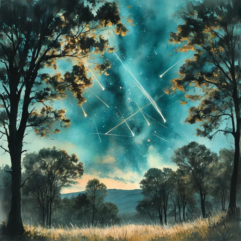 A watercolor scene captures streaking stars falling through a teal sky above dark trees and a golden grassy meadow.