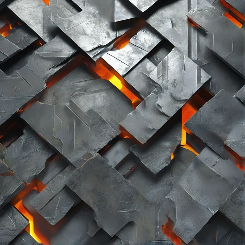 Rough dark grey plates are layered over a source of bright orange light leaking through deep fissures.