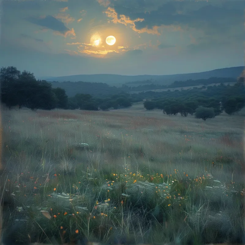 A landscape of rolling hills and grassy fields with scattered trees under a hazy sky showing a bright sun.