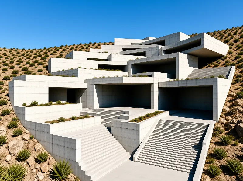 White concrete geometric levels and stairs form a building cascading down a sandy hillside dotted with small green plants.