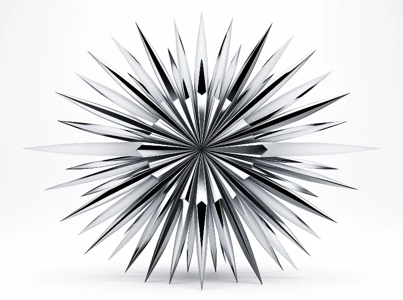 A shiny metallic object with sharp spikes radiating from the center against a plain white surface.