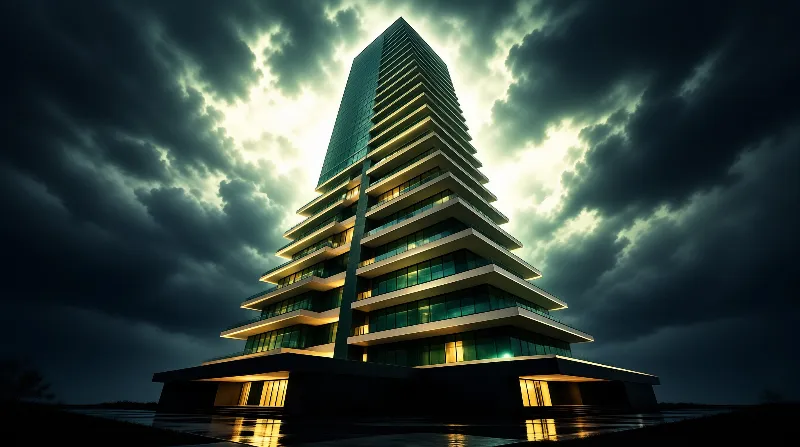 A pyramidal high-rise with illuminated balconies rises against a moody cloud-filled sky, its base reflecting golden light on a wet surface