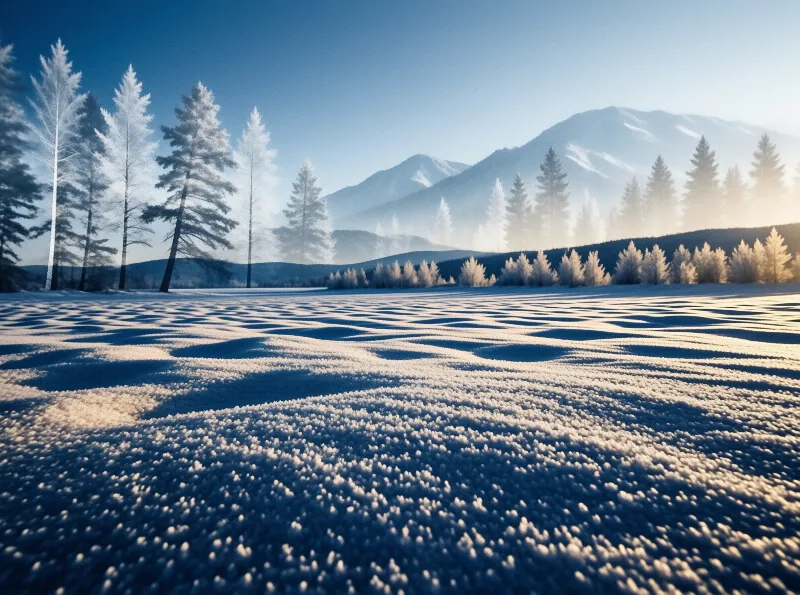 Tall evergreens stand on a rippled snowy plain with mountains rising in the distance under a clear sky.
