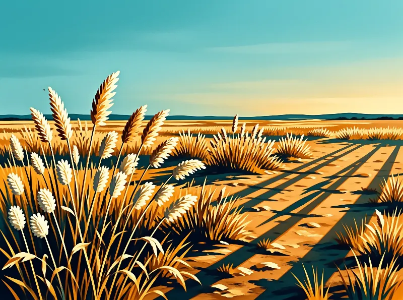 Tall wheat stalks frame the left side while long shadows stretch across a harvested field beneath a pale blue sky.