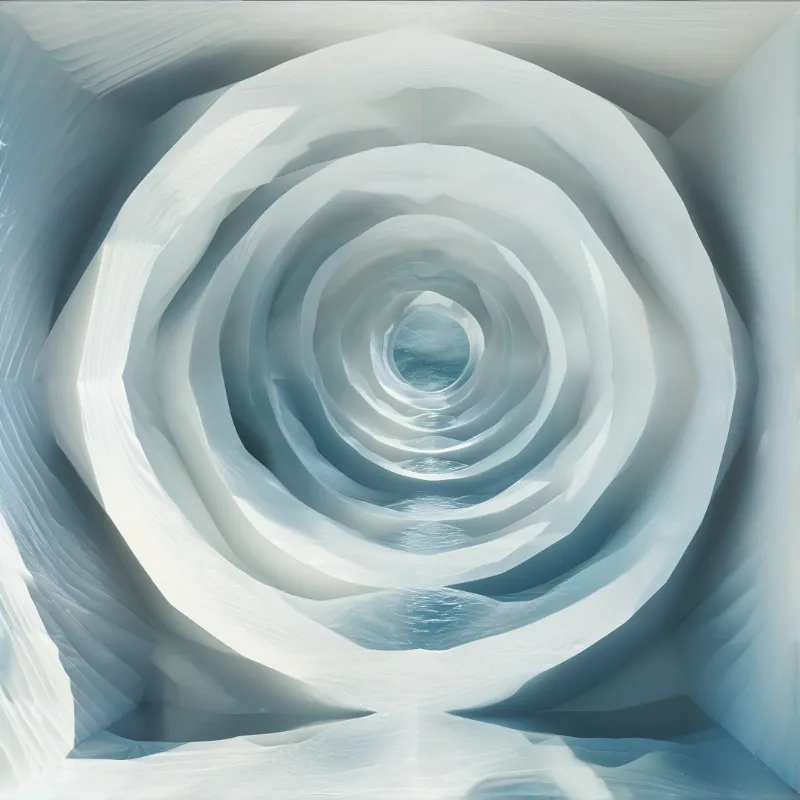 This abstract image shows a deep tunnel made of white layered surfaces that spiral inward towards a small blue opening.