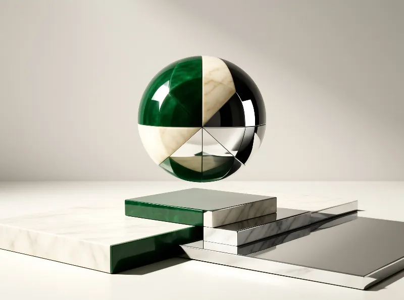 A segmented sphere displaying green, white, black, and silver textures floats above a stack of corresponding square slabs.