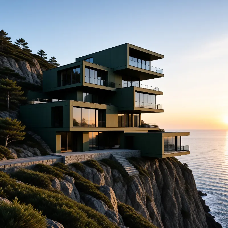 A geometric modern house with dark green walls and large glass windows sits on a rocky cliff beside the sea at golden hour.