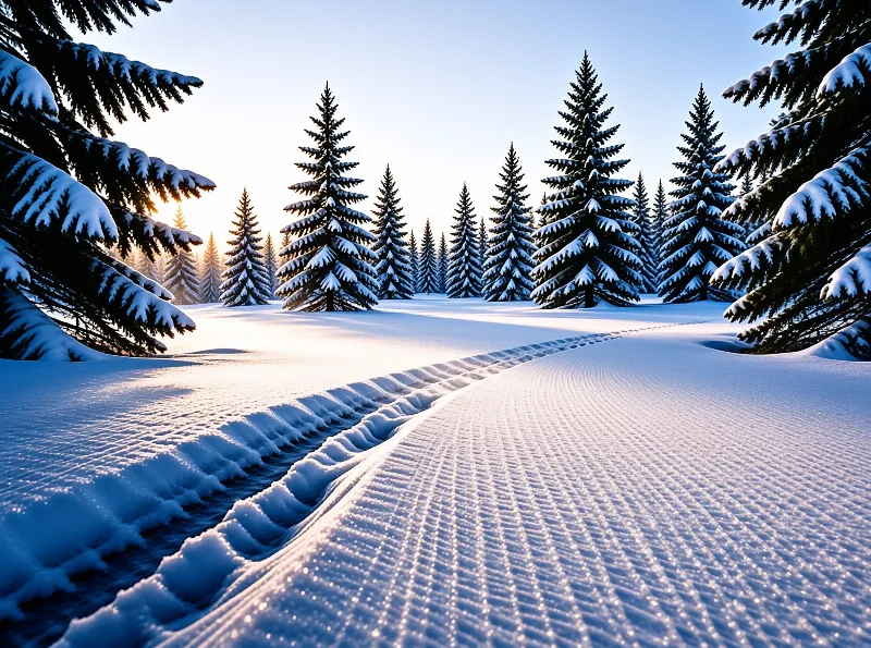 A groomed cross-country track curves between snow-laden evergreens in warm low golden light.