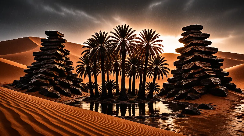 A cluster of palm trees and a still pool sit between two tall stacked rock towers in a desert storm.
