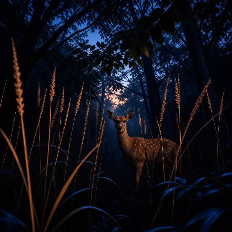 A spotted deer gazes forward from tall golden grass in a dark blue forest at twilight