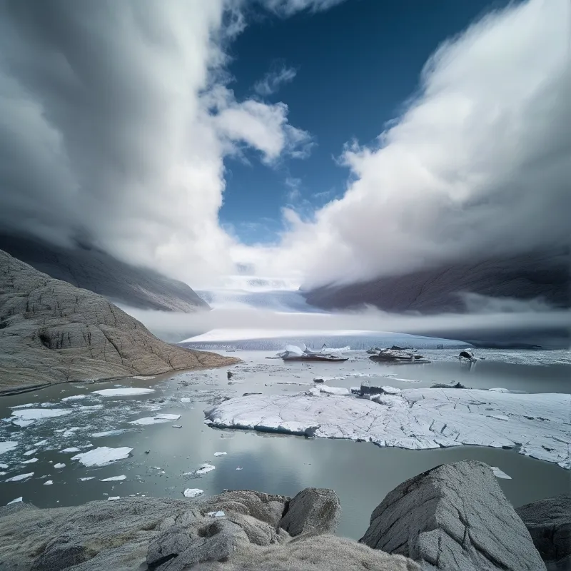 Frozen ice fragments drift across a calm glacial bay flanked by bare rocky slopes, with streaky stretched clouds filling the blue sky overhead.
