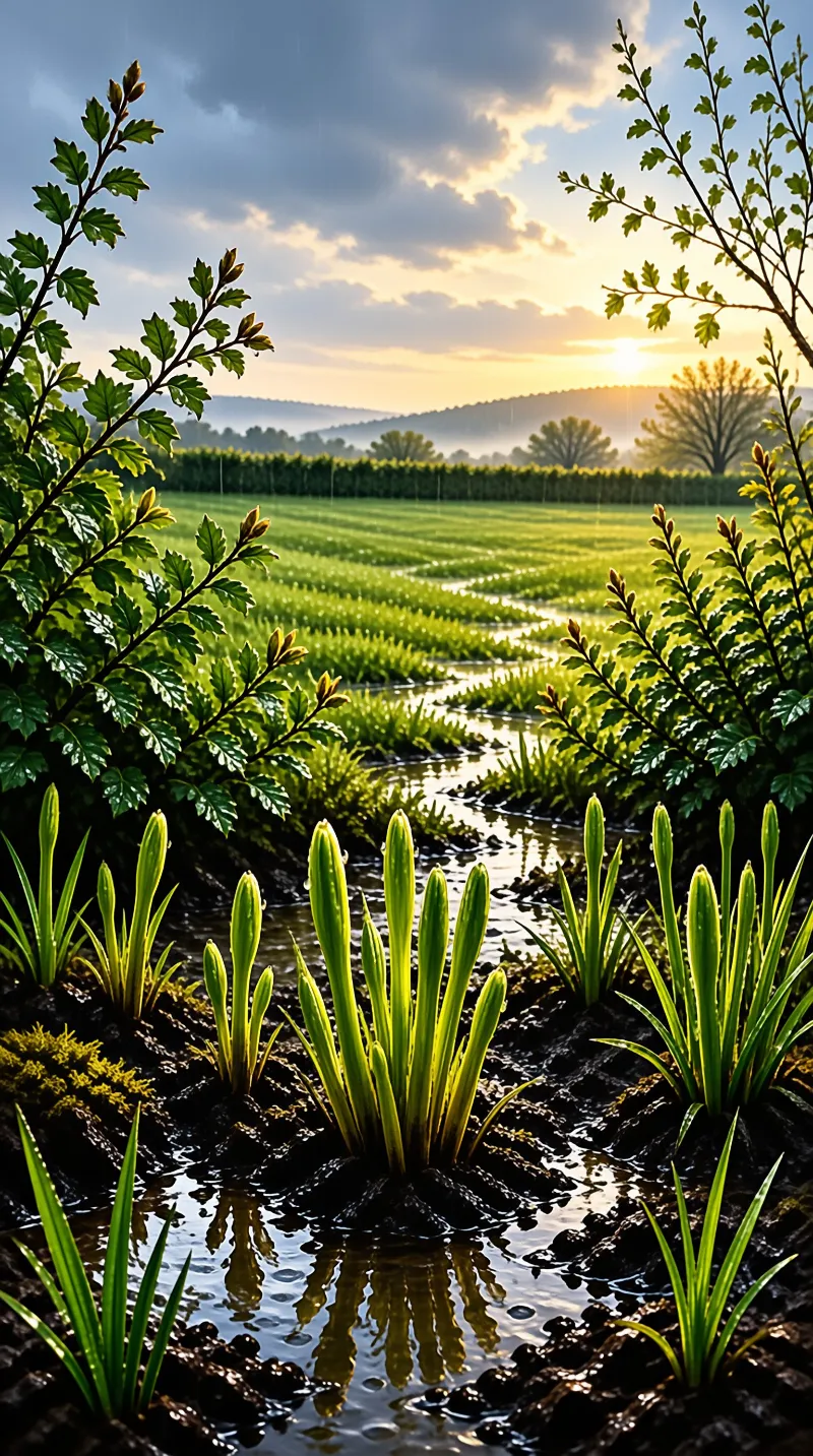 Vibrant green grass tufts rise from dark wet earth beside a reflective stream under a golden sunset.