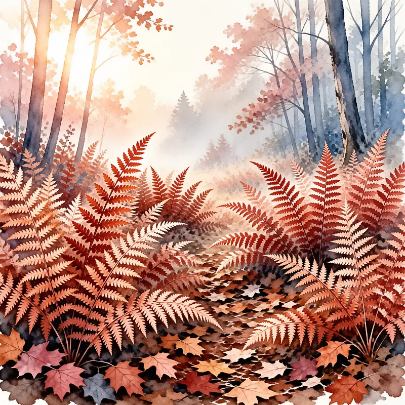 A watercolor painting of orange ferns in a misty forest with blue tree trunks and warm autumn lighting.