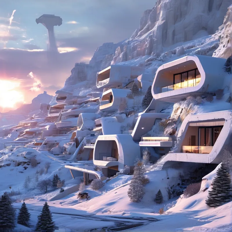 Organic white structures protrude from a snow-covered cliffside illuminated by warm sunrise light.