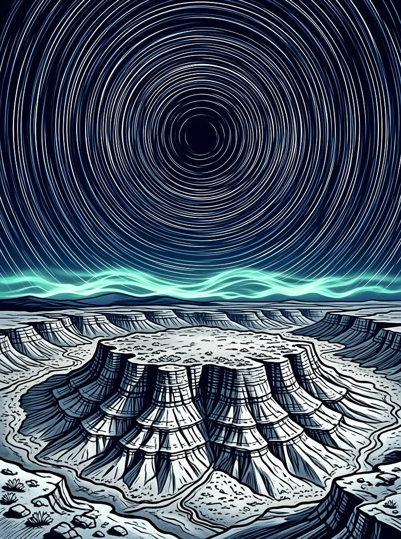 A stylized illustration of a desert mesa under a night sky filled with concentric star trails and a green aurora.