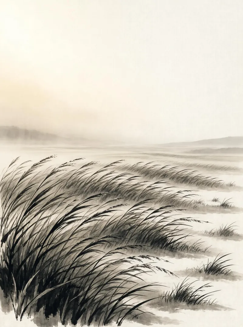 A monochrome painting of tall grasses in a misty flatland under a soft dawn sky, with layers of reeds and distant hills