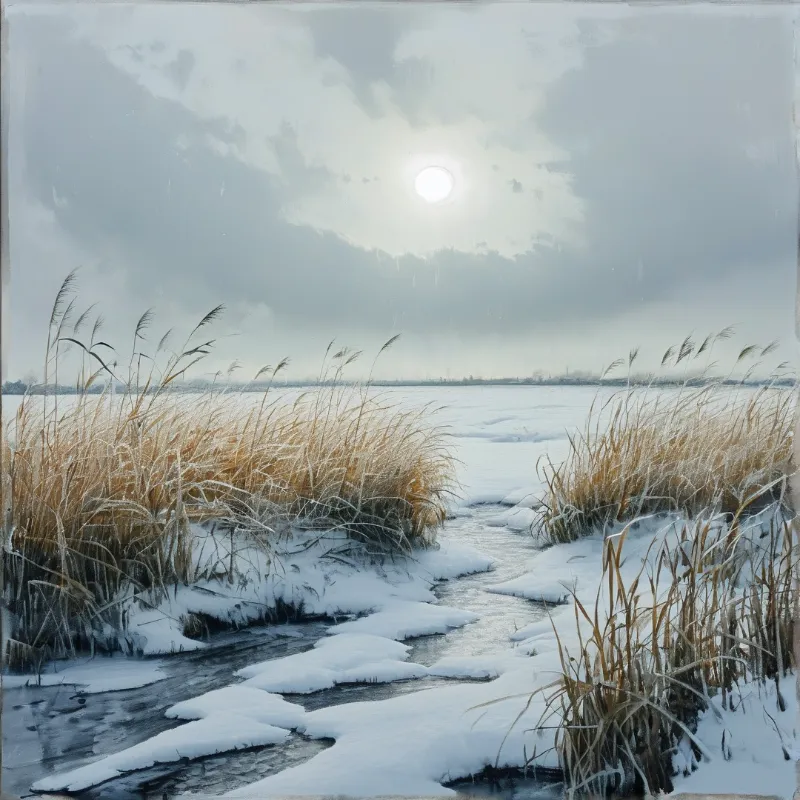 Sunlight breaks through clouds over a winter landscape of frosted tall grass along a partially frozen waterway.