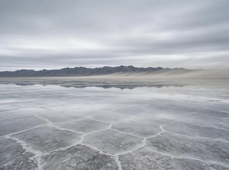 Hexagonal salt flat patterns stretch across the landscape with distant mountains under an overcast sky, reflecting muted light on the cracked surface